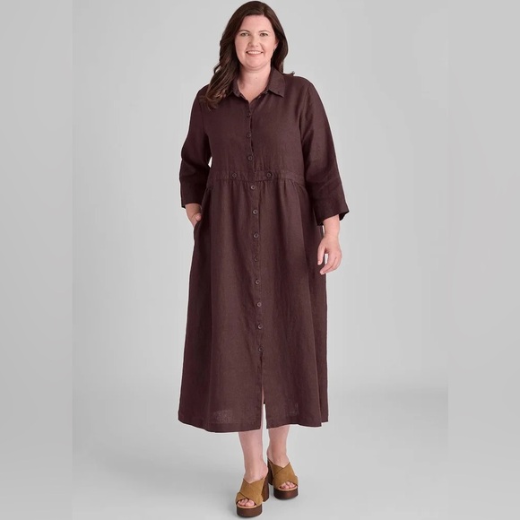 FLAX Brown Black Mottled Collared Button Front Heavyweight Linen Maxi Dress 1X - Picture 3 of 7